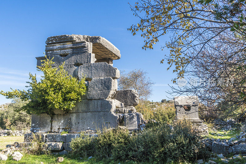 来自Dodurga村的Sidyma古城。Fethiye, Mugla，土耳其。